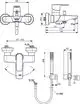 Badearmatur von Ideal Standard mit zwei Bedienelementen, integriertem Handbrause-Set und flexibler Schlauchverbindung. Technische Zeichnung mit Maßen und Anschlüssen.